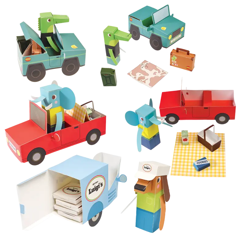 3D-Bastel-Set aus Pappe – Tiere und Autos