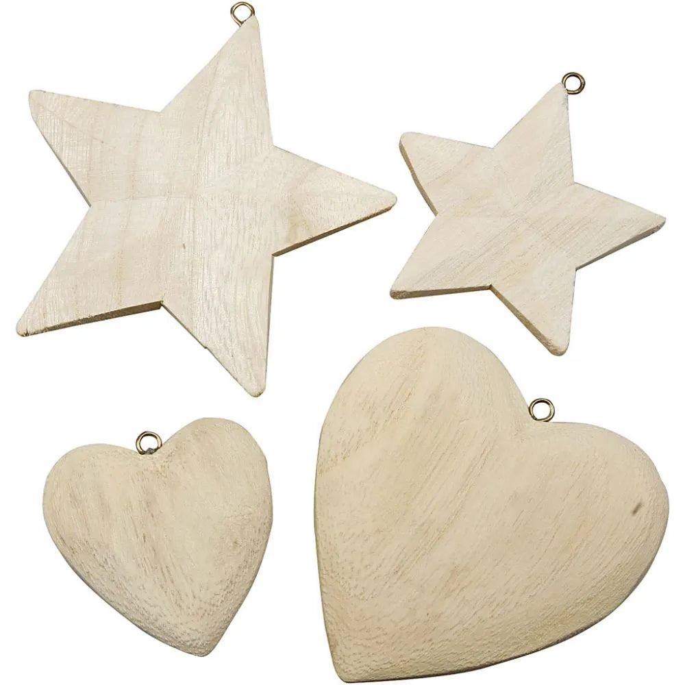 Herzen und Sterne aus Holz zum Bemalen - 4 Stück