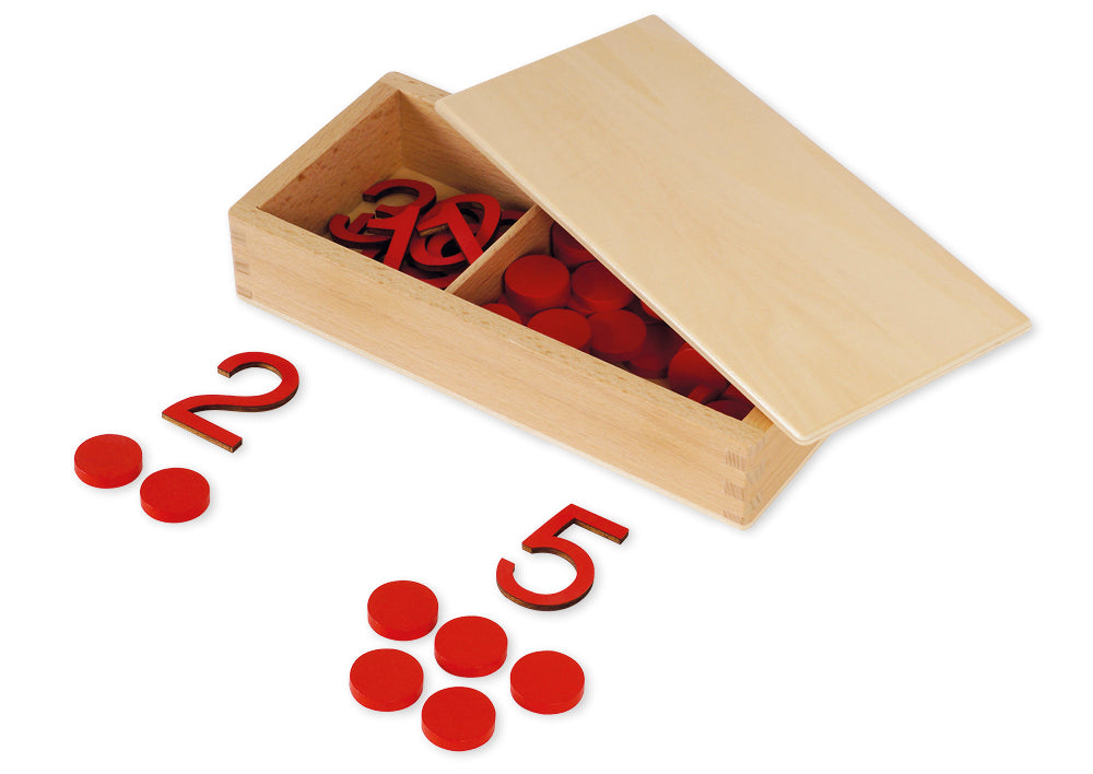 Montessori Ziffern und Chips in Holzbox
