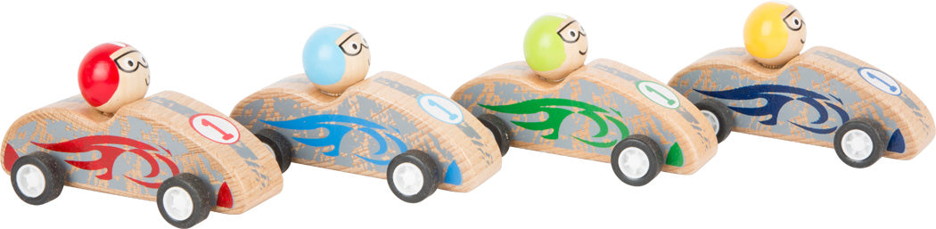 Bunte Rückzieh-Rennautos aus Holz