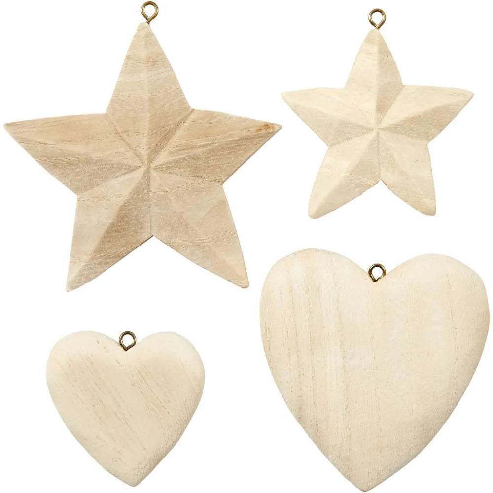 Herzen und Sterne aus Holz zum Bemalen - 4 Stück