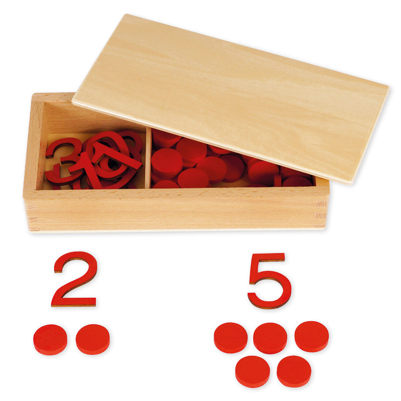 Montessori Ziffern und Chips in Holzbox