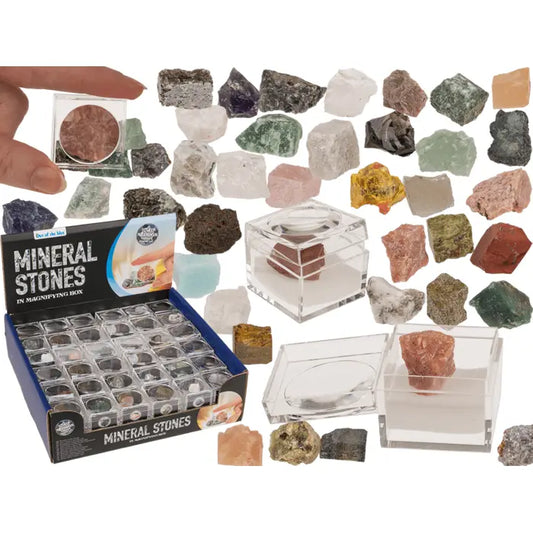 Mineralsteine, in Vergrößerungsbox mit Heft