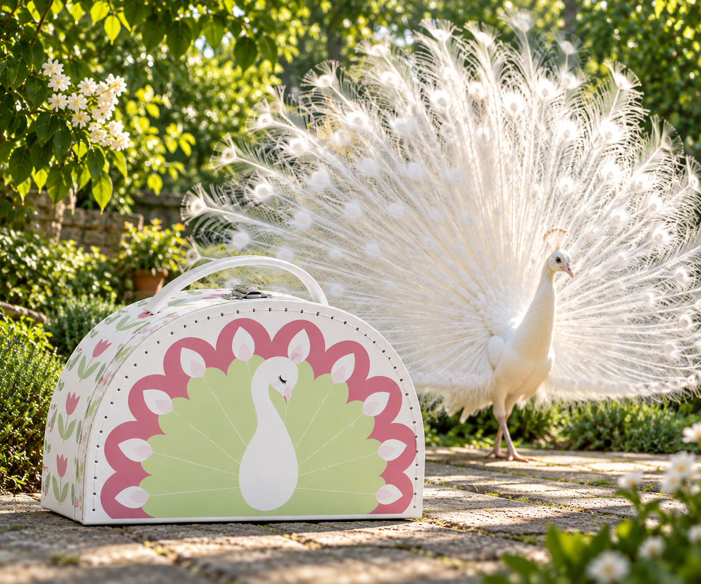 Retro-Koffer mit Pfau-Motiv
