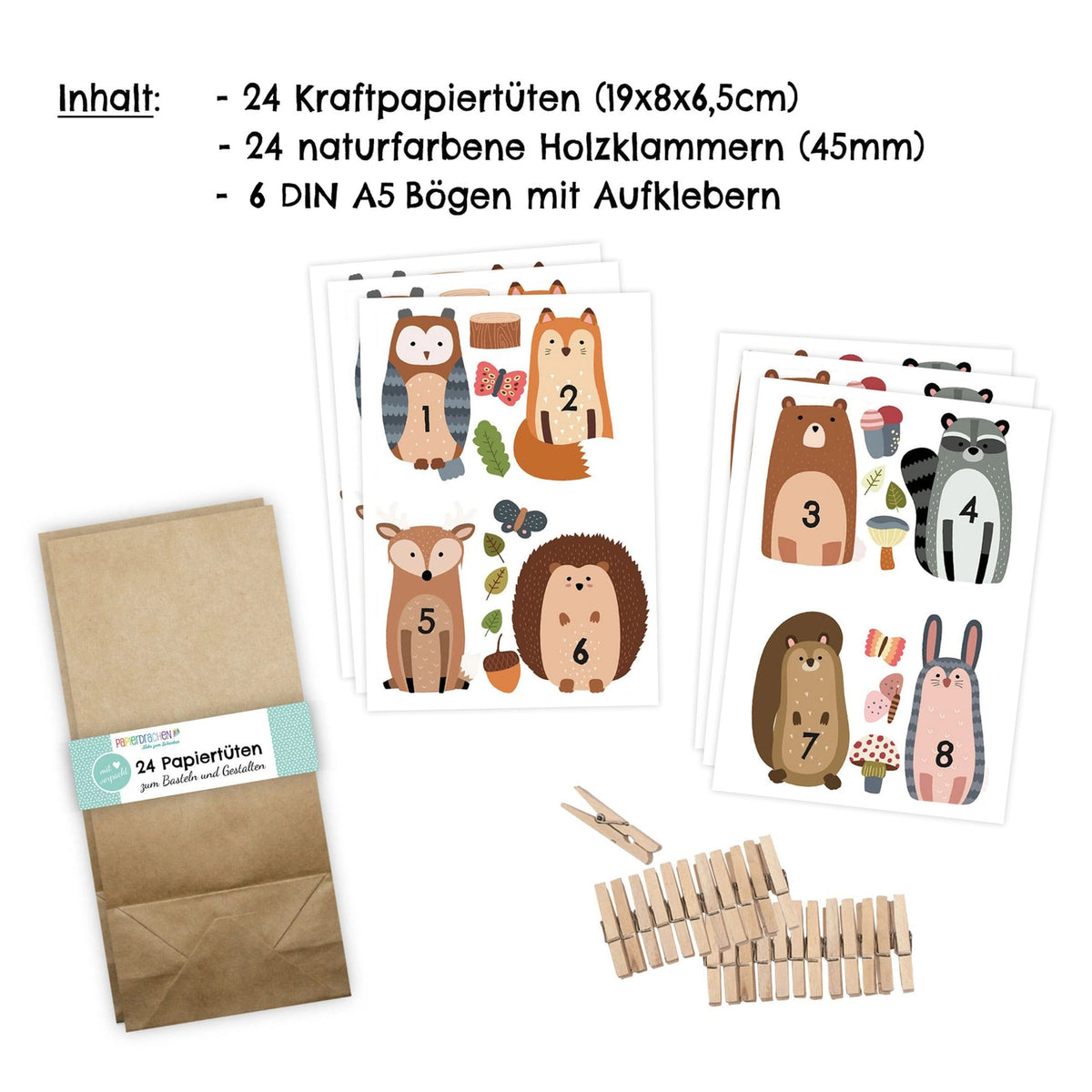 Adventskalender Waldtiere zum Aufkleben - mit braunen Tüten