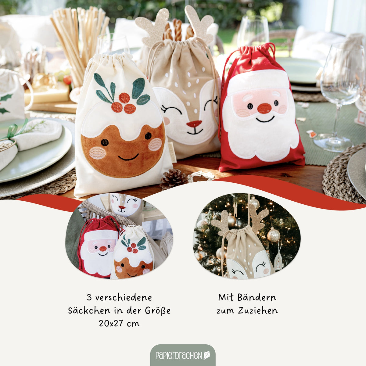 3 Geschenksäcke Weihnachtshelfer Reh