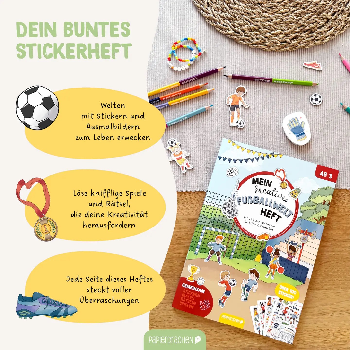 Mein kreatives Fußballwelt Heft - Malen, Rätseln, Stickern